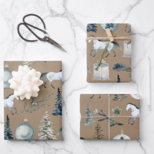 Rustic Kraft Winter White Horse & Blue Spruce Wrap Wrapping Paper Sheets