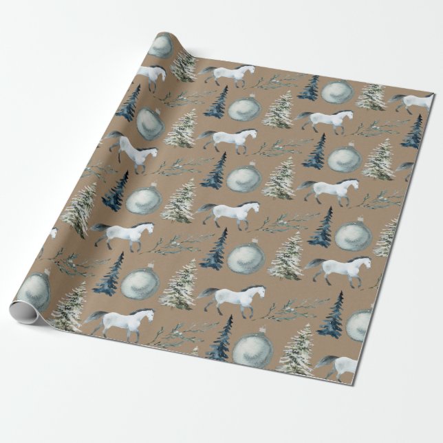 Rustic Kraft Winter White Horse & Blue Spruce  Wrapping Paper (Unrolled)