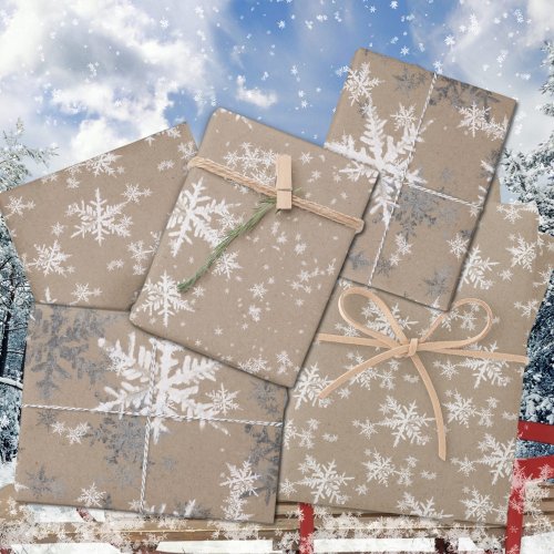Rustic Kraft Winter White  Silver Snowflakes Wrapping Paper Sheets