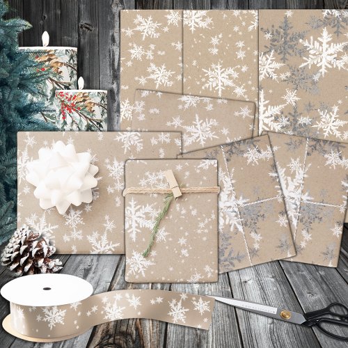 Rustic Kraft Winter White  Silver Snowflakes Wrapping Paper Sheets