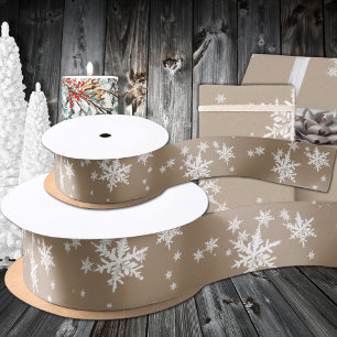 Rustic Kraft Winter White Snowflakes Satin Ribbon