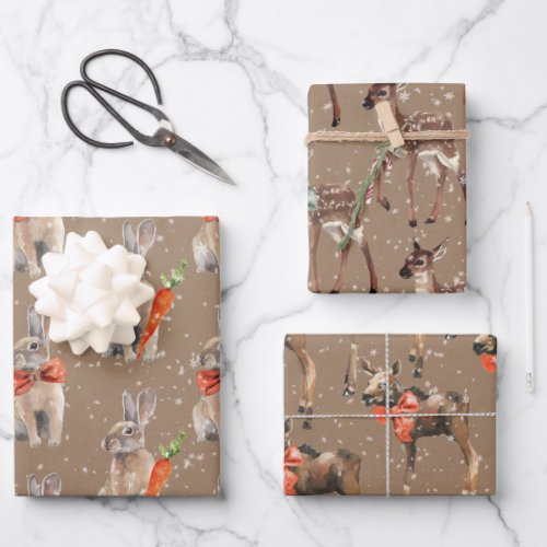 Rustic Kraft Winter Woodland Baby Hare Deer Moose Wrapping Paper Sheets