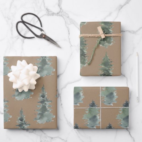 Rustic Kraft Winter Woodland Blue Spruce Trees Wrapping Paper Sheets
