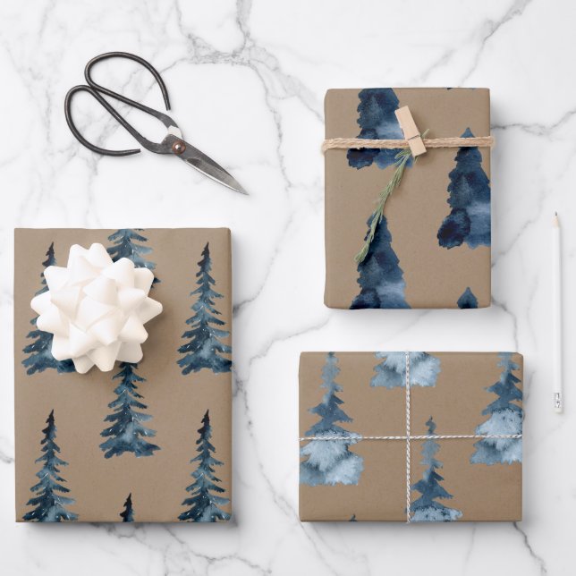 Rustic Kraft Winter Woodland Blue Spruce Trees  Wrapping Paper Sheets (Front)