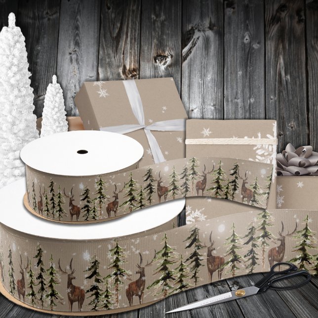 Rustic Kraft Winter Woodland Forest Reindeer Grosgrain Ribbon (Rustic Kraft Winter Woodland Forest Reindeer Grosgrain Ribbon In 1.5 & 3 Inch Widths)