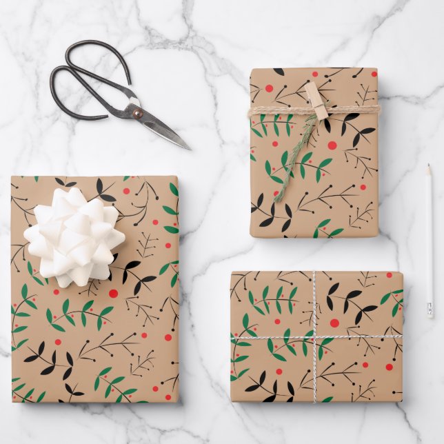 Rustic Kraft Winter Woodland Greenery Wrapping Paper Sheets (Front)