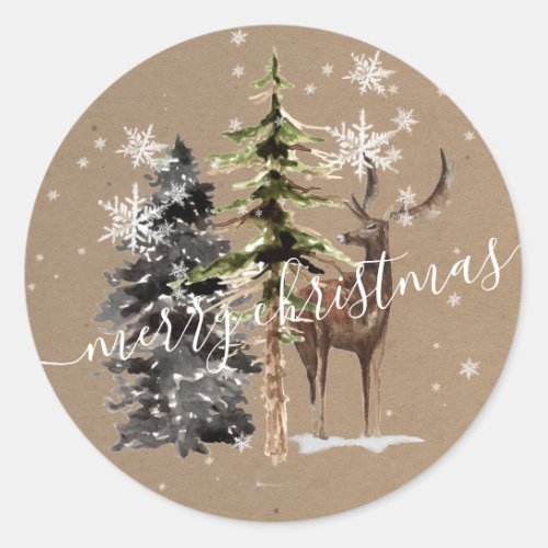 Rustic Kraft Winter Woodland Merry Christmas Classic Round Sticker
