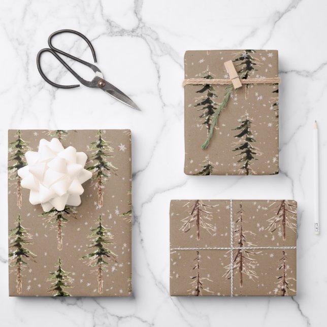 Rustic Kraft Winter Woodland Scraggly SpruceTrees Wrapping Paper Sheets (Front)