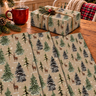 Rustic Kraft Winter Woodland Snowy Spruce & Stags Wrapping Paper Sheets