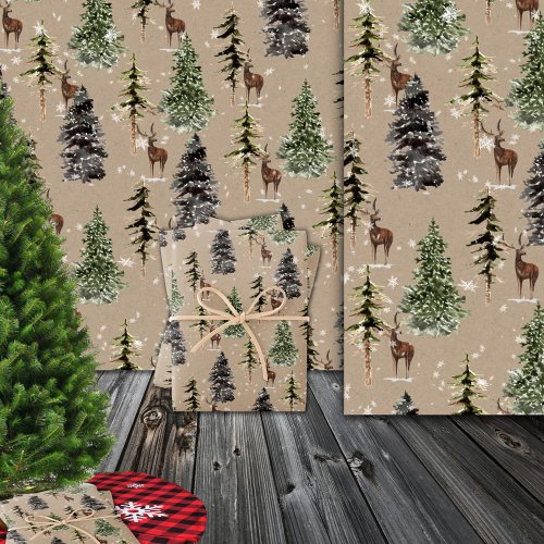 Rustic Kraft Winter Woodland Snowy Spruce  Stags Wrapping Paper Sheets
