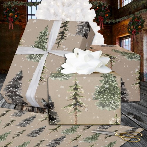 Rustic Kraft Winter Woodland Snowy Spruce Trees Wrapping Paper
