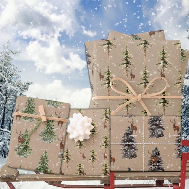 Rustic Kraft Winter Woodland Spruce Tree Reindeer Wrapping Paper Sheets (Rustic Kraft Winter Woodland Spruce Tree Reindeer Christmas Holiday Gift Wrapping Paper Sheets Trio)