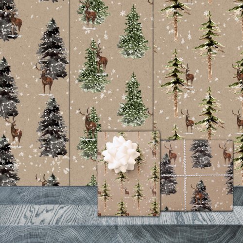 Rustic Kraft Winter Woodland Spruce Tree Reindeer Wrapping Paper Sheets