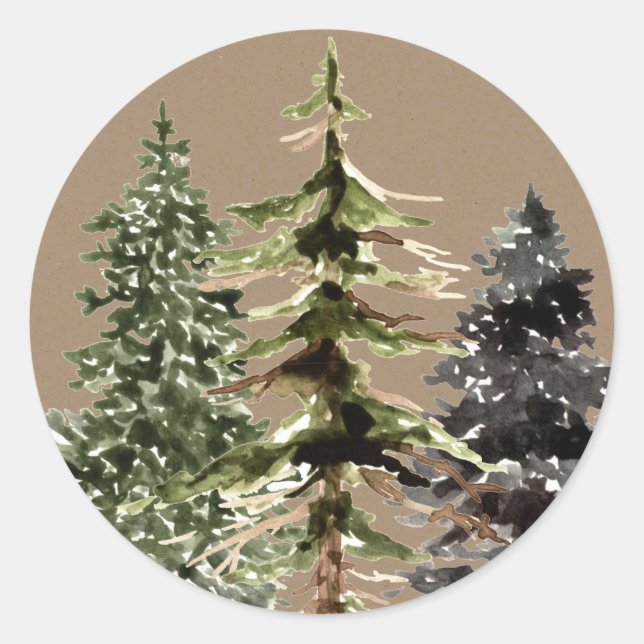 Rustic Kraft Winter Woodland Spruce Trees Classic Round Sticker (Front)