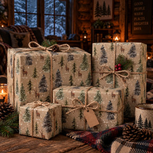 Rustic Kraft Winter Woodland Spruce Trees & Deer Wrapping Paper