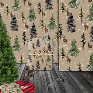 Rustic Kraft Winter Woodland Spruce Trees & Deer Wrapping Paper