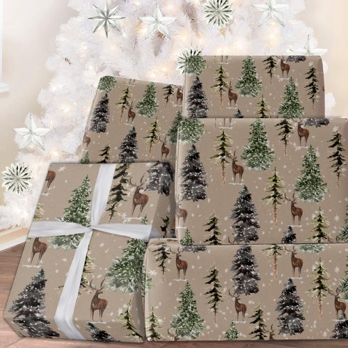 Rustic Kraft Winter Woodland Spruce Trees  Deer Wrapping Paper