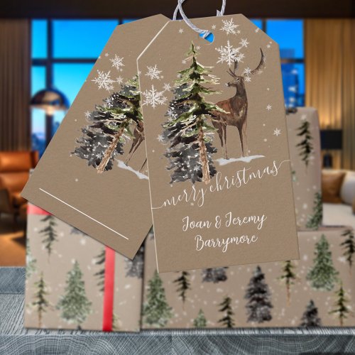 Rustic Kraft Winter Woodland Stag Merry Christmas  Gift Tags