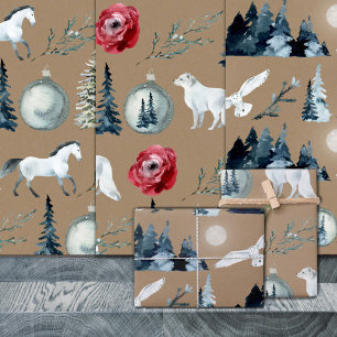 Rustic Kraft Winter Woodland White Horse Fox & Owl Wrapping Paper Sheets