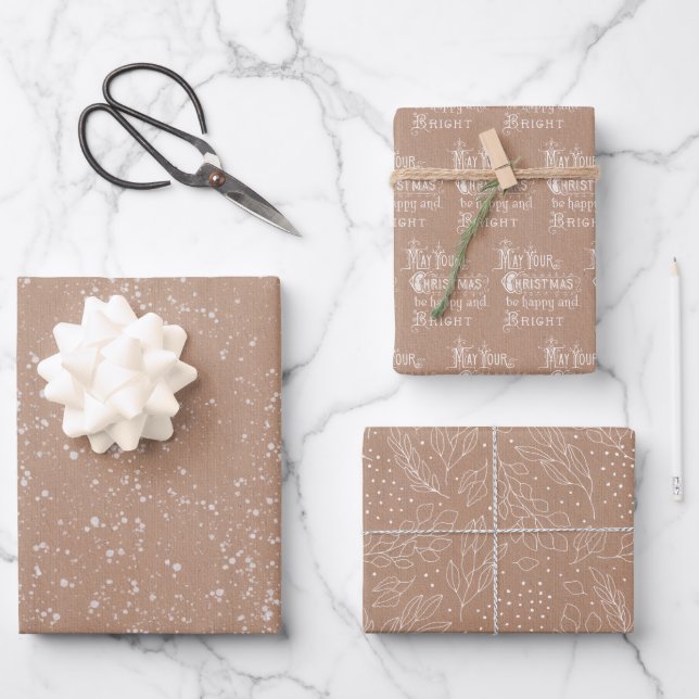 Rustic Kraft with White Designs Wrapping Paper Sheets (Front)