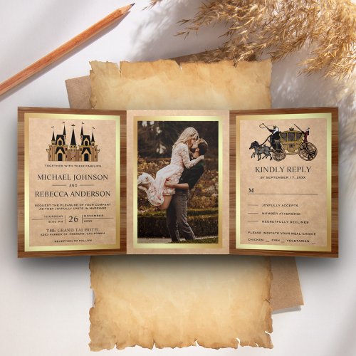 Rustic Kraft Wood Fairytale Castle Wedding Photo Tri_Fold Invitation