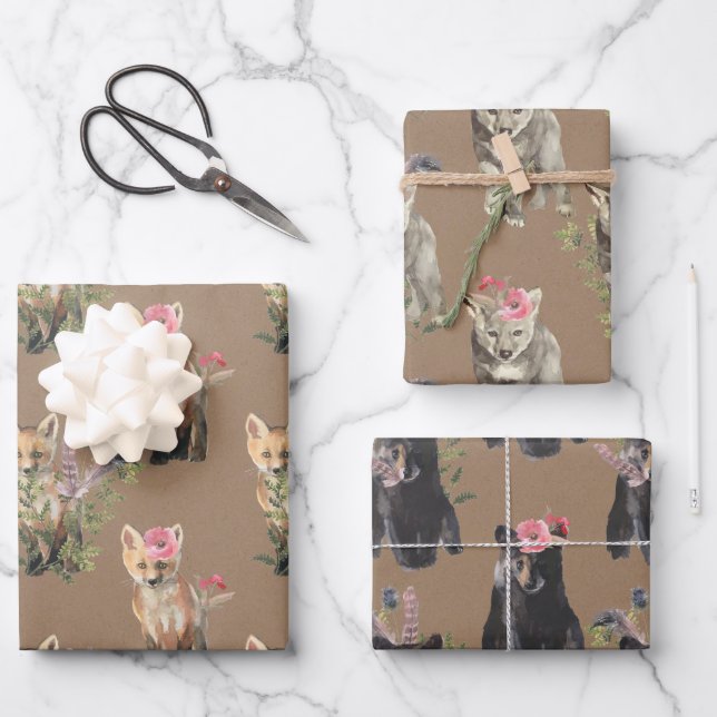 Rustic Kraft Woodland Baby Animals Fox Bear Wolf Wrapping Paper Sheets (Front)
