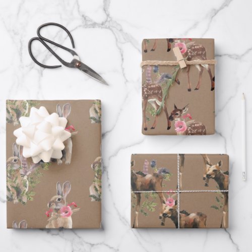 Rustic Kraft Woodland Baby Hare Deer Moose Animals Wrapping Paper Sheets