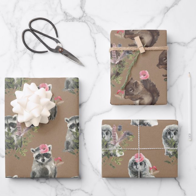 Rustic Kraft Woodland Baby Racoon Squirrel Owl Wrapping Paper Sheets (Front)