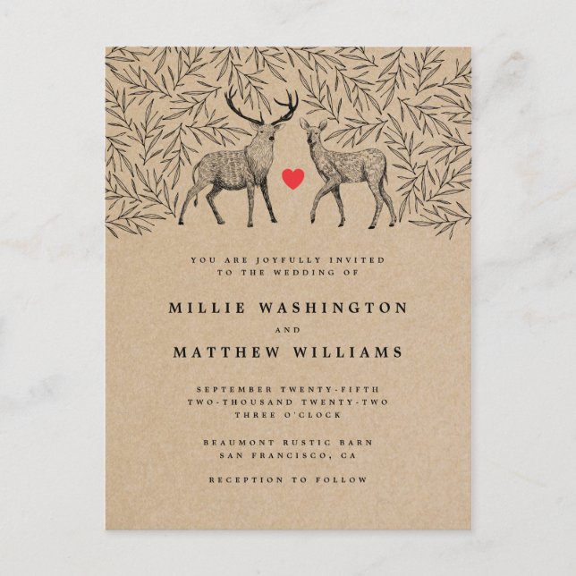 Rustic Kraft Woodland Buck & Doe Botanical Wedding Invitation Postcard (Front)