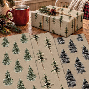 Rustic Kraft Woodland Forest Pine Spruce Trees Wrapping Paper Sheets