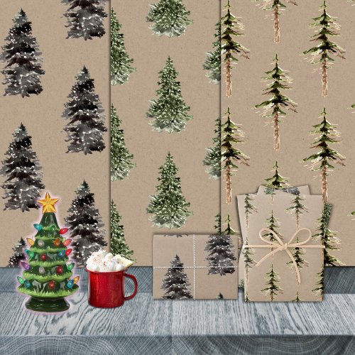 Rustic Kraft Woodland Forest Pine Spruce Trees Wrapping Paper Sheets