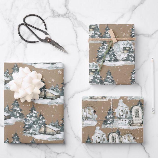 Rustic Kraft Woodland Winter Chalet House Scenes Wrapping Paper Sheets (Front)