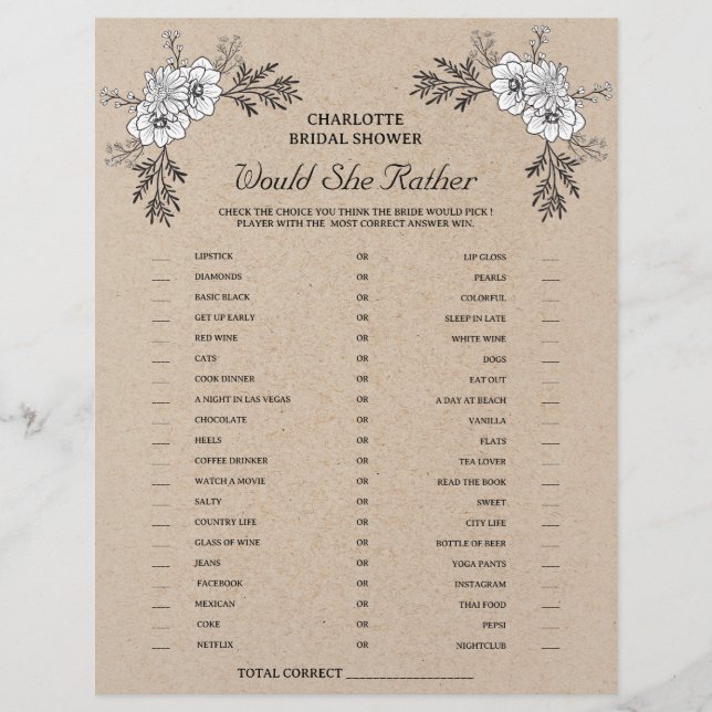 Rustic Kraft Would She Rather Bridal Shower Game Flyer (Front)