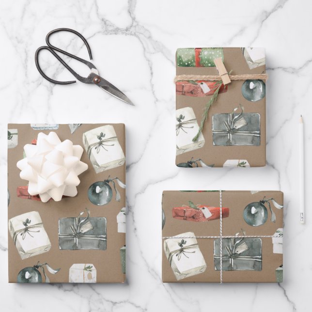 Rustic Kraft Wrapped Christmas Gifts & Ornaments Wrapping Paper Sheets (Front)