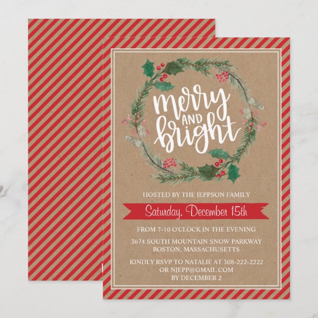 Rustic Kraft Wreath Christmas Holiday Invitation (Front/Back)