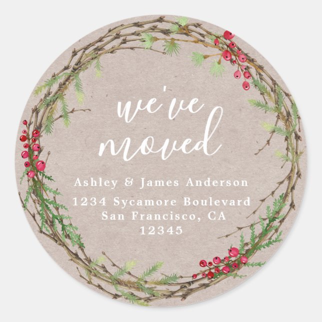 Rustic Kraft Wreath We’ve Moved Address Classic Round Sticker (Front)