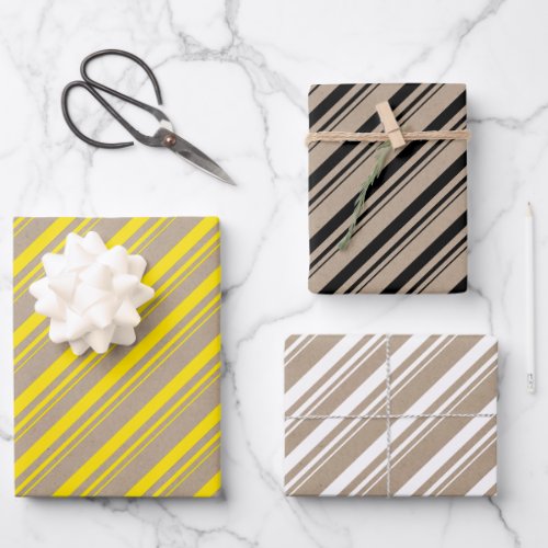 Rustic Kraft Yellow Black White Candy Stripes Wrapping Paper Sheets