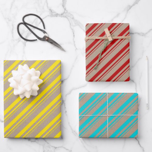 Rustic Kraft Yellow Red Turquoise Candy Stripes Wrapping Paper Sheets