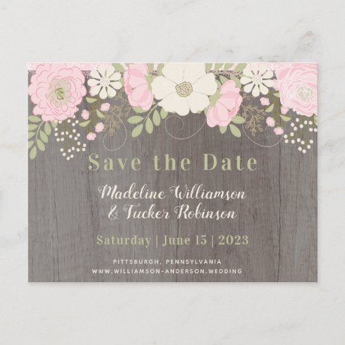 Rustic l Dusty Rose Flowers on Wood Save the Date Postcard