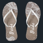 Rustic lace and burlap silver glitter bride flip flops<br><div class="desc">Elegant white vintage lace and sparkle silver glitter on rustic burlap background. great bride gifts for bride in rustic wedding,  barn wedding and country wedding.
See all the matching pieces in collection.</div>
