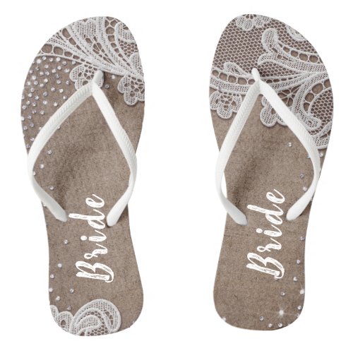 Rustic lace and burlap silver glitter bride flip flops