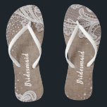 Rustic lace and burlap silver glitter bridesmaid flip flops<br><div class="desc">Elegant white vintage lace and sparkle silver glitter on rustic burlap background. great bridesmaid gifts for rustic wedding,  barn wedding and country wedding.
See all the matching pieces in collection.</div>