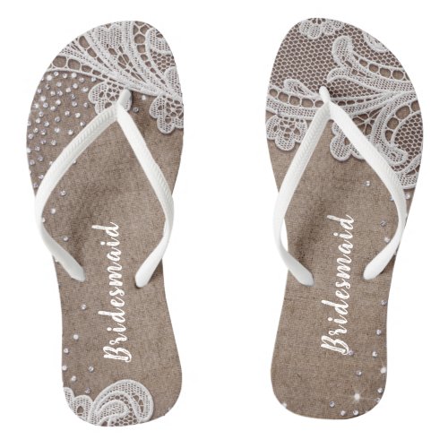 Rustic lace and burlap silver glitter bridesmaid flip flops