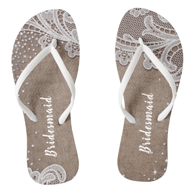 Rustic lace and burlap silver glitter bridesmaid flip flops (Footbed)