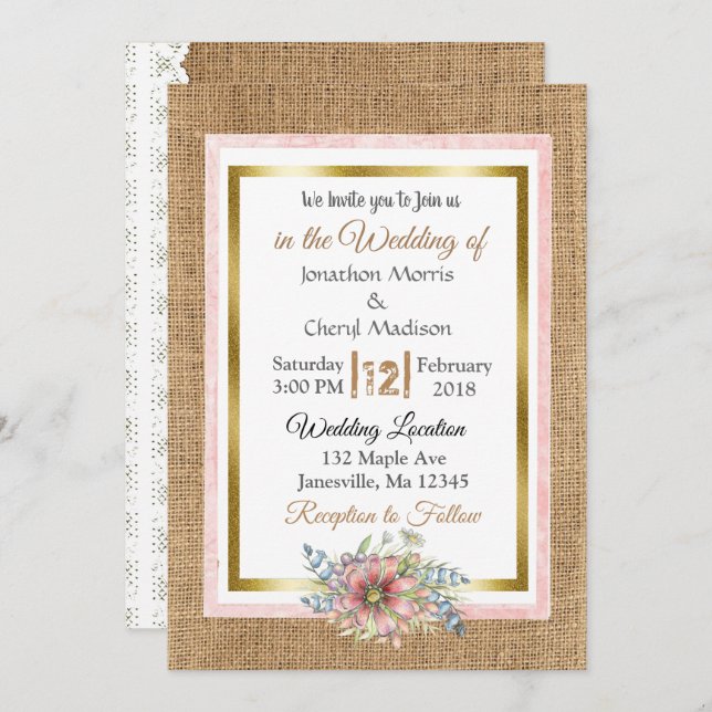 Rustic Lace and Burlap Wedding Invitation (Front/Back)