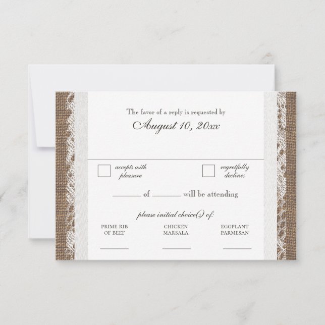 Rustic Lace and Burlap Wedding RSVP Dinner Select (Front)