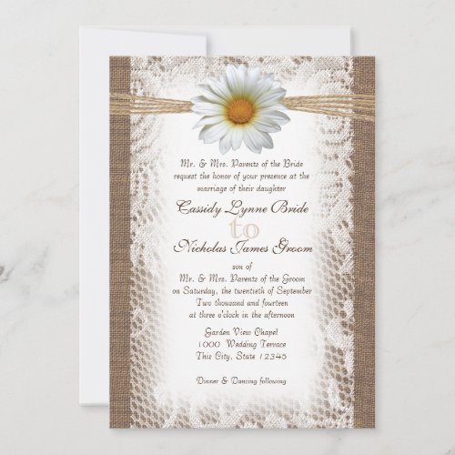 Rustic Lace and Burlap with Daisy like Gazania Custom Invite