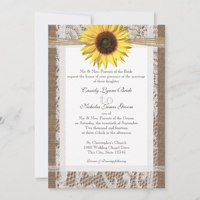 Rustic Lace and Burlap with Sunflower Wedding Invitation (Front)