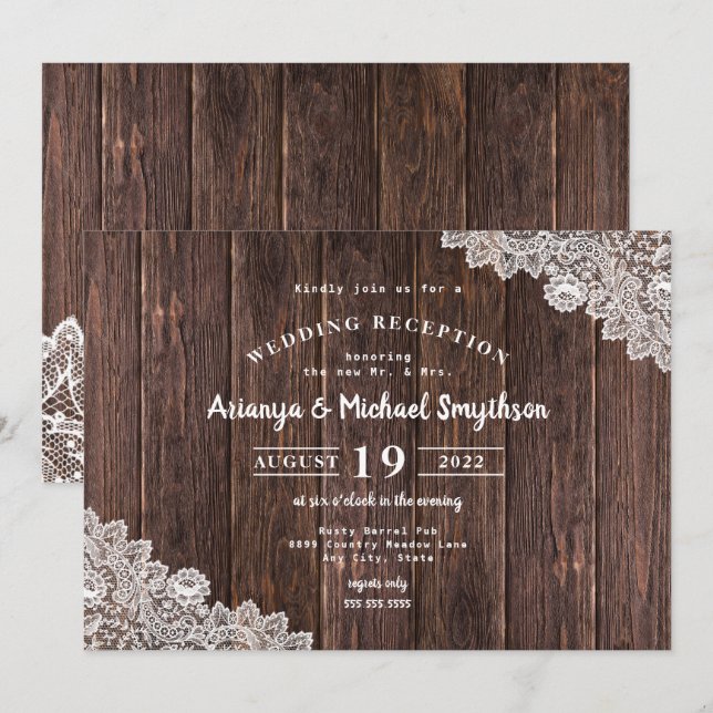 Rustic Lace and Dark Wood Wedding Reception only Invitation (Front/Back)