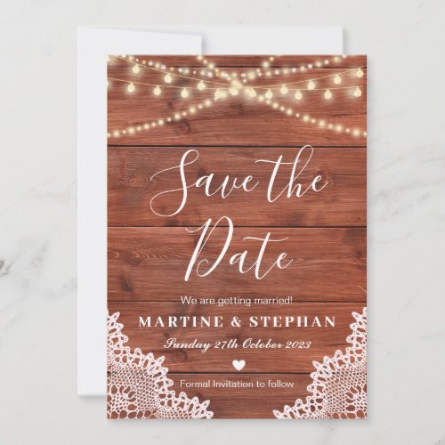 Rustic lace and fairy lights save the date invitation